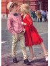 Long Bell Sleeves Red Heart Print Lace Cute Flower Girl Dress